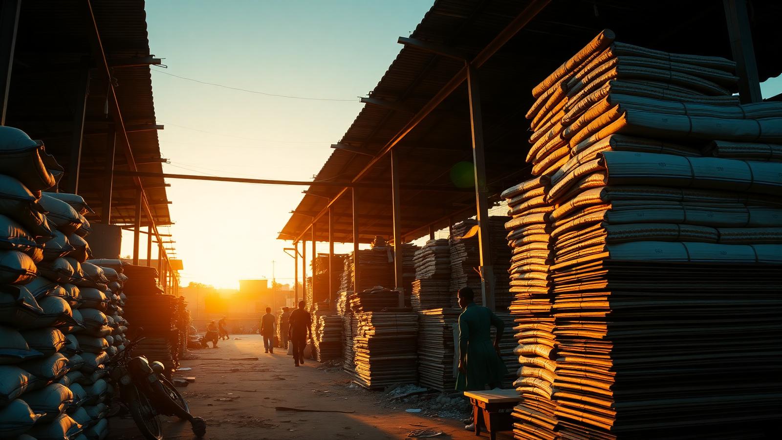 Building materials yard in Nigeria at sunset